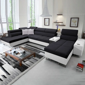 Narożnik z funkcją spania Dafni V czarno biały prawostronny pleciony wygodny i komfortowy narożnik z regulowanymi zagłówkami