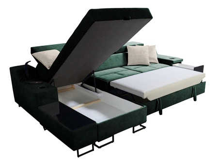 Narożnik z funkcją spania Alcamo zielony / biały lewostronny elegancki i stylowy narożnik z dostawką praktyczna szuflada w boczku mebla