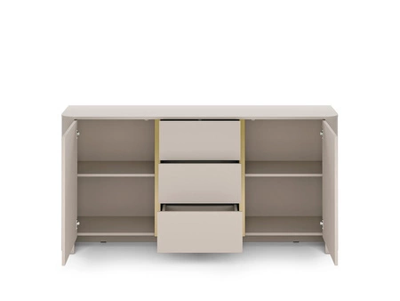 Komoda z szufladami Bari 168 cm beżowa nowoczesny design komody do salonu owalny kształt przyciąga wzrok złote dodatki