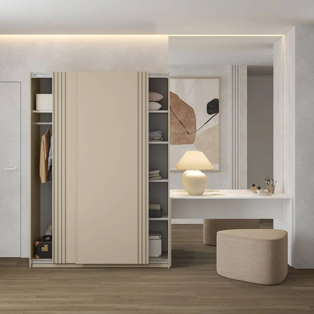 Szafa przesuwna Niva 150 cm beżowa pojemna szafa ozdobiona lamelami świetnie sprawdzi się w pomieszczeniach o każdej wielkości