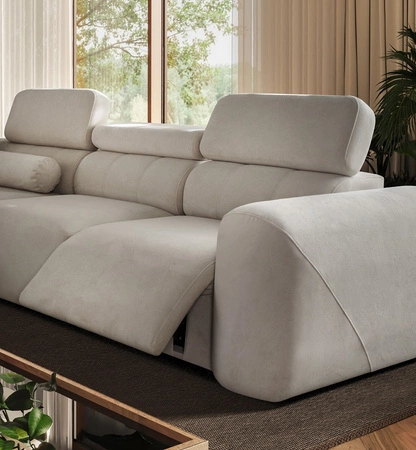 Narożnik z funkcją spania Cantare III Lux ciemny beż prawostronny stylowy i komfortowy narożnik do salonu z podnoszonym podnóżkiem