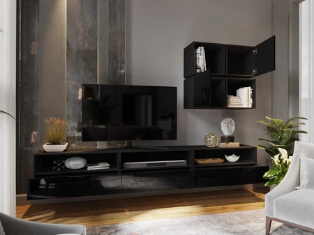 Meblościanka Dion czarna / czarny połysk uniwersalna i stylowa meblościanka do salonu system otwierania drzwi i szuflad push to open