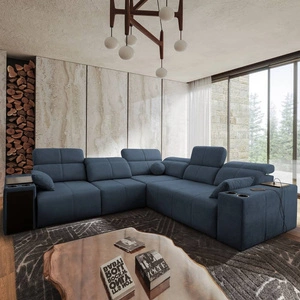 Narożnik z funkcją spania Tesalia III niebieski lewostronny komfortowy narożnik z przesuwanym oparciem dwa pojemniki na pościel