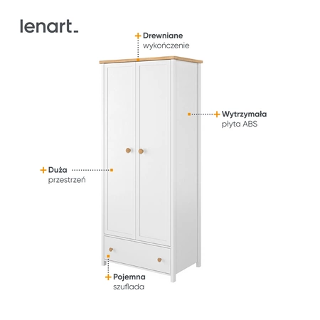 Szafa Story 85 cm biały / dąb nash modna szafa doskonała do pokoju młodzieżowego wyposażona w dwa drążki na ubrania wiszące