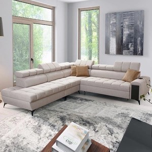 Narożnik z funkcją spania Bolmso IX beżowy lewostronny komfortowy narożnik do salonu z szufladą pojemniki na pościel stylowy design