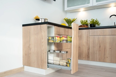 Szafka kuchenna cargo Zova D15 CARGO biały / dąb halifax szafka z funkcjonalnym koszem cargo odporna na uszkodzenia frezowany uchwyt