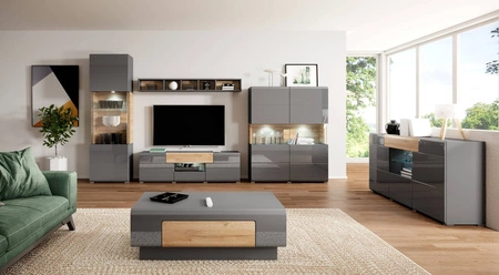 Komoda z szufladą Toledo 208 cm antracyt / antracyt połysk / dąb grandson nowoczesny design fronty komody delikatnie zaoblone