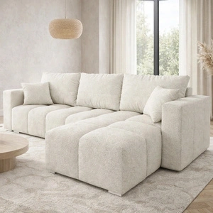 Narożnik z funkcją spania Linco kremowy uniwersalny narożnik do salonu o nowoczesnym designie wykonany z tkaniny typu boucle