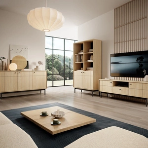 Zestaw mebli Modesta dąb linea minimalistyczny design podkreślony modną kolorystyką wysokie drewniane nogi metalowe uchwyty