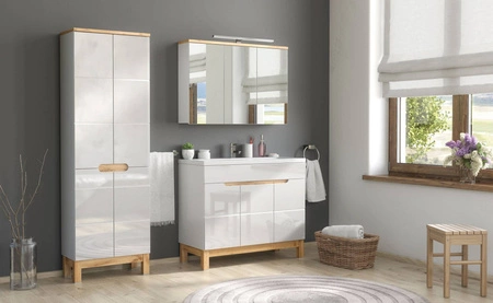 Szafka łazienkowa wisząca z lustrem Bali 100 cm biały / dąb wotan pojemna szafka do łazienki o minimalistycznej konstrukcji