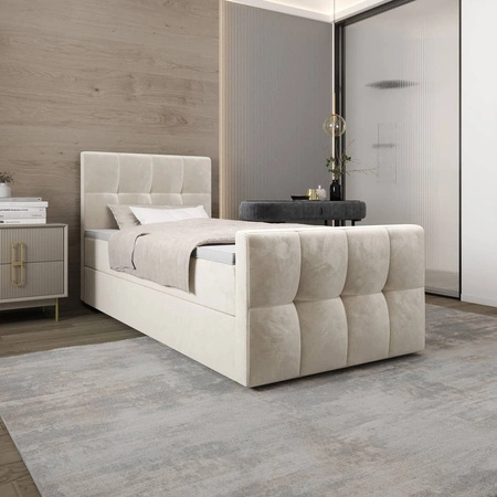 Łóżko kontynentalne Manhattan 90x200 beżowe w nowoczesnym skandynawskim stylu z tapicerowanym zagłówkiem i zanóżkiem łóżko z pojemnikiem