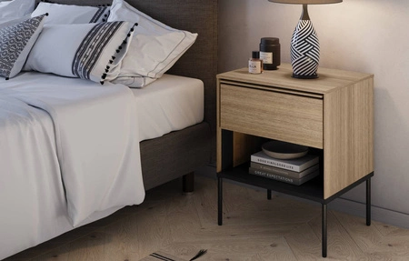 Szafka nocna Visso dąb linearny elegancka i stylowa szafka z szufladą do sypialni w stylu minimalistycznym stabilna metalowa podstawa