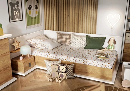 Łóżko Simi 90x200 cm biały / hikora naturalna lewostronne wygodne łóżko w stylu nowoczesnym tapczan z pojemnikiem na pościel