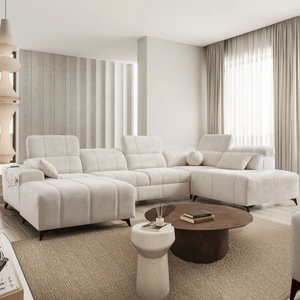 Narożnik z funkcją spania Penejos VI kremowy lewostronny stylowy narożnik rozkładany z dwoma pojemnikami na pościel trwała tkanina