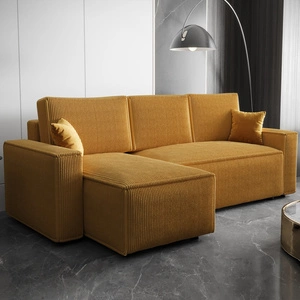 Narożnik z funkcją spania Nelo miodowy lewostronny praktyczny i nowoczesny narożnik pokryty sztruksową tkaniną pojemnik na pościel