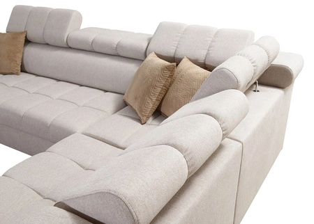 Narożnik z funkcją spania Bolmso III fioletowy prawostronny narożnik z pojemnikami na pościel szuflada z pełnym wysuwem w boczku mebla