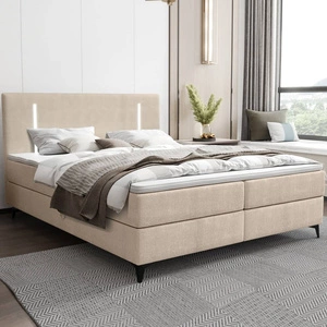 Łóżko kontynentalne Norco 160x200 beżowe stylowe łóżko z pojemnikiem na pościel oświetlenie umieszczone w zagłówku nadaje wyjątkowości