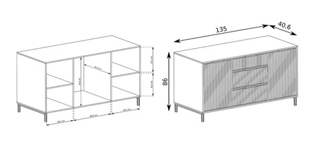Komoda z szufladami Linka 135 cm beżowa elegancki design geometryczny kształt komoda osadzona na wysokich nogach ryflowany front