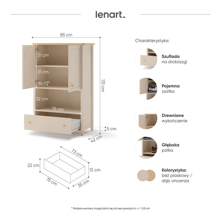 Komoda wysoka Story 85 cm beżowy / dąb vincenza bielona komoda z szufladą elegancki design połączony z wysoką jakością wykonania