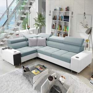 Narożnik z funkcją spania Dafni II arktyczny błękit / biały lewostronny pleciony narożnik z pojemnikiem na pościel szuflada w boczku