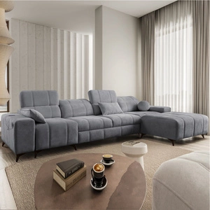 Narożnik z funkcją spania Penejos XII szary prawostronny stylowy narożnik z pojemnikami na pościel komfortowe regulowane zagłówki