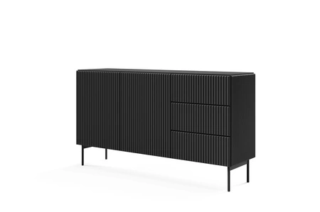 Komoda z szufladami Muti 147 cm czarna stylowa komoda z designerskim ryflowaniem wysokie nogi podkreślają elegancką stylistykę