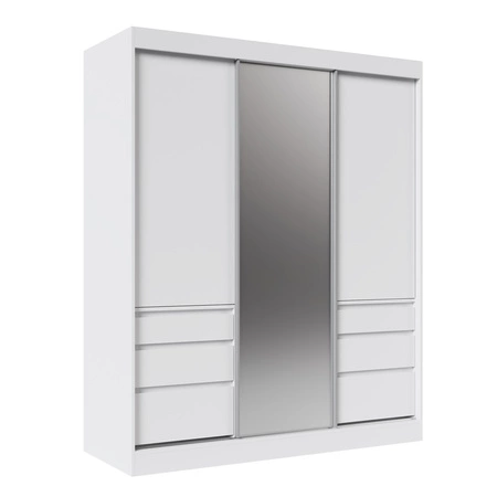 Szafa przesuwna z lustrem Haidar 180 cm biała funkcjonalna i użytkowa szafa z szufladami doskonała do mniejszych pomieszczeń