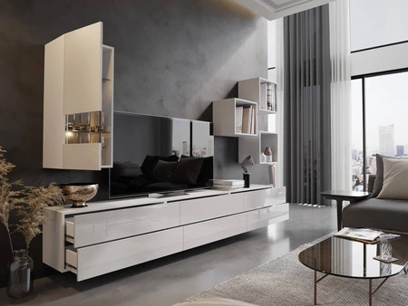 Meblościanka Peritia biała / biały połysk minimalistyczny design meblościanka do salonu lub pokoju dziennego system push to open