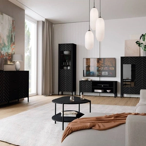 Zestaw mebli do salonu Malumi czarny stylowe meble z wyrafinowanym wzorem jodełki metalowe uchwyty wysoka stabilna podstawa