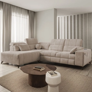 Narożnik z funkcją spania Penejos VII ciemny beżowy lewostronny stylowy narożnik z pojemnikiem na pościel wygodne regulowane zagłówki