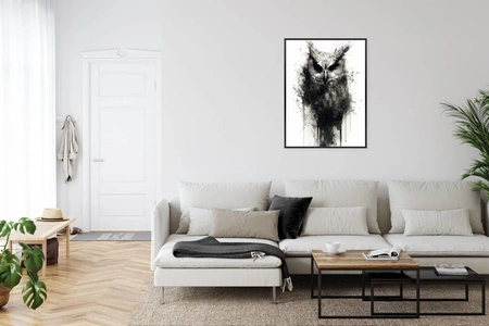 Plakat czarno biała malowana sowa 70x100 plakat w ramie precyzyjny wydruk ze stylową grafiką doskonała dekoracja salonu lub sypialni