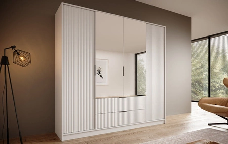 Szafa z lustrem Norel 200 cm biała stylowa szafa o nowoczesnym designie z ryflowanymi frontami i pojemnymi szufladami