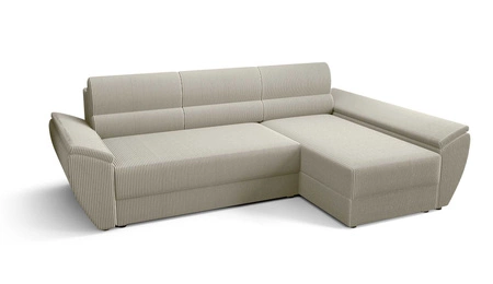 Narożnik z funkcją spania Fogu III kość słoniowa prawostronny narożnik z podłokietnikami i pojemnikiem na pościel sztruksowa tkanina