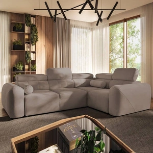 Narożnik z funkcją spania Cantare II ciemny beż prawostronny komfortowy narożnik do salonu o stylowym charakterze miękka tkanina