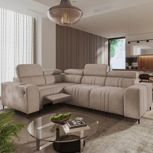 Narożnik z funkcją spania Castel II Lux jasny brąz lewostronny wygodny narożnik do salonu z komfortowym wysuwanym podnóżkiem