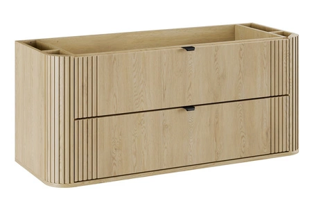 Szafka pod umywalkę Ovalia Cremona 120 cm dąb cremona charakterystyczne zaokrąglone rogi szafki czarne metalowe uchwyty krawędziowe