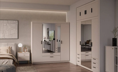 Szafa z lustrem Rene 176 cm beż piaskowy stylowy design czarne uchwyty idealna szafa do sypialni pojemne szuflady