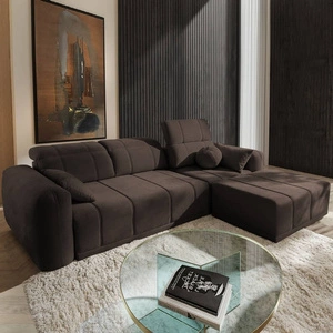 Narożnik z funkcją spania Cetara brązowy prawostronny stylowy design komfortowe przesuwane oparcia regulowane zagłówki