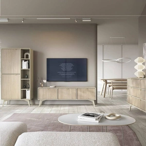 Zestaw mebli Wald beżowy / beż jodełka meblościanka w stylu skandynawskim gustowny dekor jodełki i złote uchwyty krawędziowe