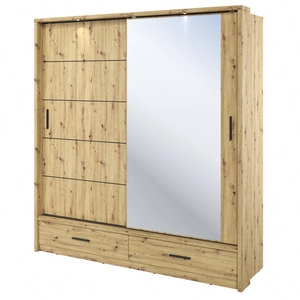 Szafa przesuwna z lustrem Arti 200 cm dąb artisan estetycznie wykonana szafa do sypialni wzbogacona oświetleniem LED pojemne szuflady