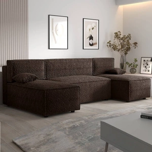 Narożnik z funkcją spania Brandon U brązowy pojemnik na pościel miękka tkanina o charakterystycznej pętelkowej powierzchni