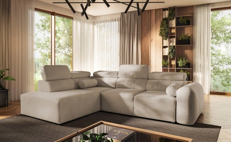 Narożnik z funkcją spania Cantare VII beżowy lewostronny narożnik z pojemnikiem na pościel wykonany z trwałej tkaniny typu plusz