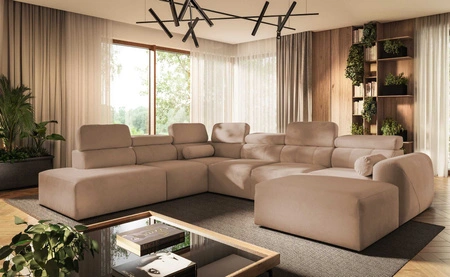 Narożnik z funkcją spania Cantare X łososiowy prawostronny wygodny narożnik o niebanalnym designie doskonały do przestronnego salonu