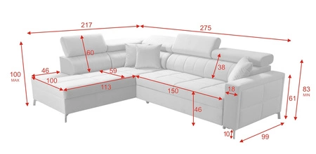 Narożnik z funkcją spania Nausa III pudrowy róż lewostronny velvet stylowy komfortowy narożnik regulowane zagłówki pojemnik na pościel