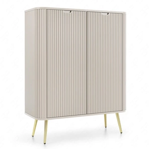 Komoda Zoya 103 cm beżowa elegancki design owalny kształt bryły osadzony na złotych metalowych nogach gustowny ryflowany front