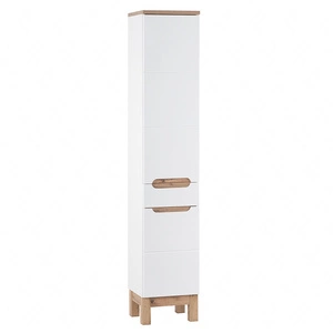 Słupek łazienkowy Bali 35 cm biały połysk / dąb wotan wysoka szafka do łazienki z szufladą osadzona na stabilnych nogach