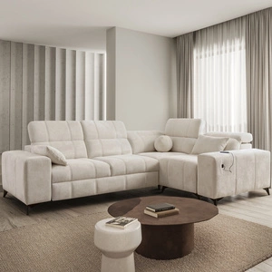 Narożnik z funkcją spania Penejos II kremowy prawostronny komfort podczas codziennego wypoczynku narożnik z pojemnikiem na pościel