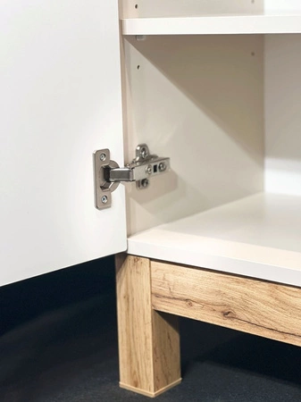 Zestaw mebli łazienkowych Bali beżowy / dąb wotan nowoczesne szafki do łazienki stylowe frezowane uchwyty stabilna podstawa