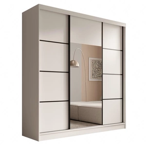 Szafa przesuwna z lustrem Keri 200 cm biała funkcjonalna szafa do nowoczesnego wnętrza dekoracyjne czarne listwy wewnętrzne szuflady