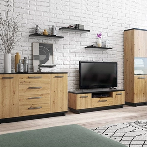 Meblościanka Simi GB dąb artisan / czarny klasyczna forma mebli wykonanie z wysokiej jakości płyty laminowanej idealna meblościanka do salonu